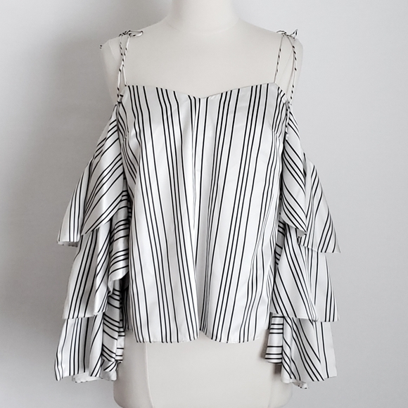 Amur Satin Black & White Striped Off-Shoulder Ruffle Sofie Long Sleeve Top - Picture 3 of 7